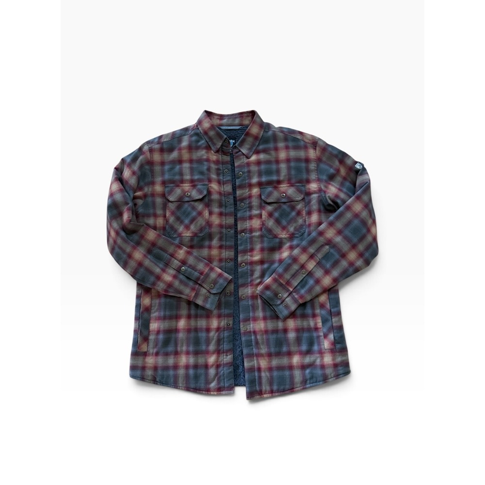 KUHL Mens Medium Sherpa Lined Flannel Plaid Shirt Jacket Gray Burgundy Shacket